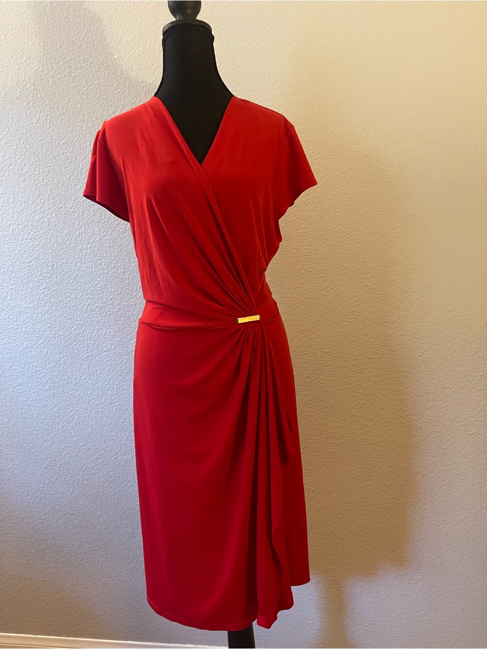 Charter Club Red Wrap-Style Midi Dress with Gold Accent